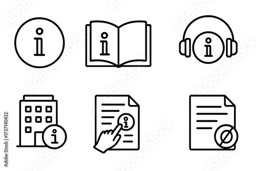 Info web icons collection in line style. Information, manual, online help, audio guide, info center, instruction, and rules symbols. Vector set for FAQ and support service.
