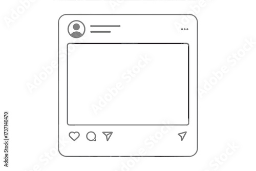 Social media post photo frame mockup. Social network interface template for app feed. Vector with avatar, likes, comment and message icons. Blank post for your photo.