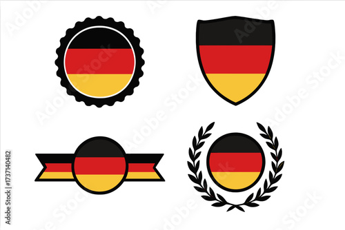 Made in Germany label set. Collection of German flag badges, premium quality seals, and product stickers. Vector emblems with shield, ribbon, and laurel wreath for export.