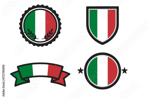 Made in Italy vector labels collection. Set of authentic Italian flag badges, emblems, seals, and shields. Premium quality product stickers and symbols of Italian origin.