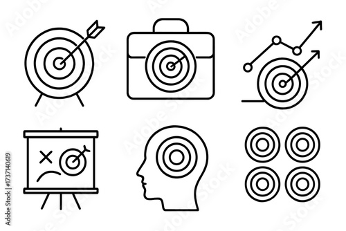 Set of business goal and strategy line icons. Vector collection of target, success, progress, and ambition symbols. Minimalist outline graphics for web and presentation design.