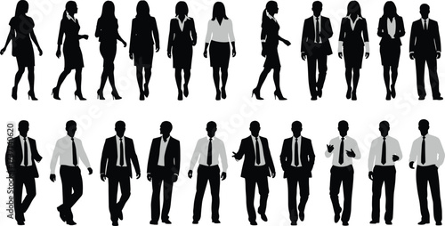 Business attire silhouette set, professional fashion icons, diverse workplace clothing illustration, male and female poses, corporate concept, vector design, black and white