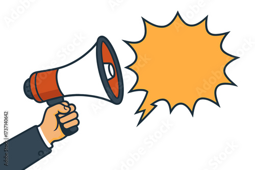 Male hand holding megaphone with exciting news speech bubble. Loudspeaker banner for business, marketing, advertising. Important announcement, promotion, alert, communication.