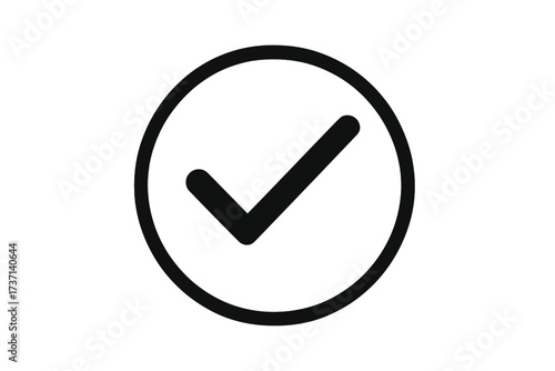 Check mark icon vector. Black tick in a circle. Symbol of approval, success, and validation. Yes, correct, and OK sign. Vote, check, and confirmed choice button element.