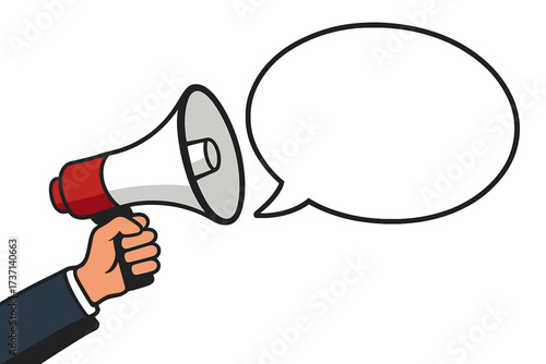 Male hand holding megaphone with important message speech bubble. Loudspeaker for business marketing. Advertising concept. Announcement, alert, news. Promotion vector illustration.