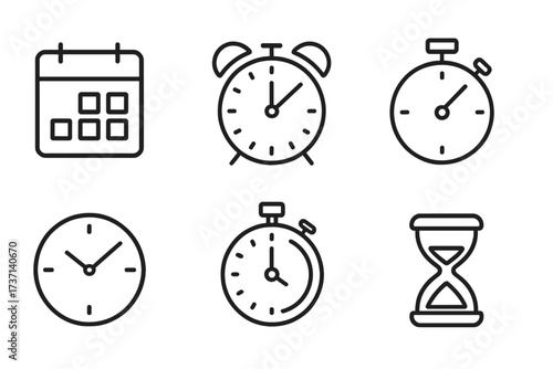 Time and clock line icon set. Vector graphic collection of simple outline pictograms. Includes calendar, alarm clock, timer, stopwatch, and hourglass for web and app design.