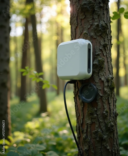 Device Attached to Tree in Lush Forest