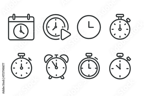 Time and clock line icon set. Calendar, timer, alarm clock, and stopwatch symbols. Vector collection for web design, deadline, schedule, and time management concepts.