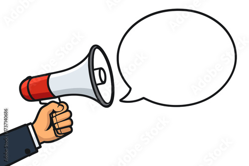 Hand holding megaphone with speech bubble for important message. Loudspeaker for business announcement, marketing, advertising and promotion. Alert or protest concept vector.
