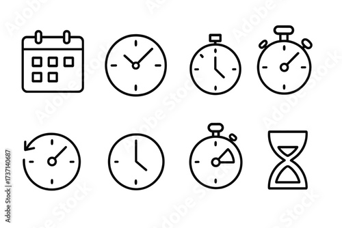 Time and clock line icon set. Vector collection of minimal outline web symbols. Calendar, timer, stopwatch, countdown, history, schedule, deadline, and hourglass for UI UX.