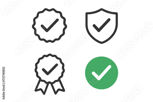 Check mark icon set. Approved, certified, and verified badge collection. Quality seal, guarantee shield, and award ribbon symbols. Vector illustration for UI design.