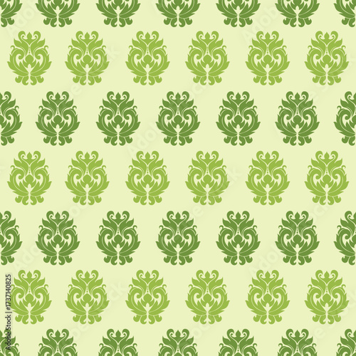 Ornate vintage floral design in shades of green on a pale background, repeating symmetrically.