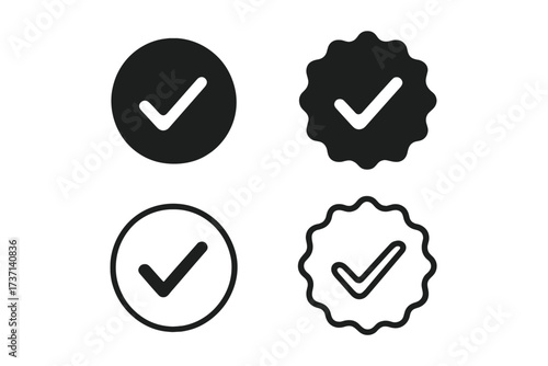 Verification badge icon set. Certified check mark symbol. Approved profile sign for social media. Quality guarantee checkmark logo collection. Vector illustration isolated.