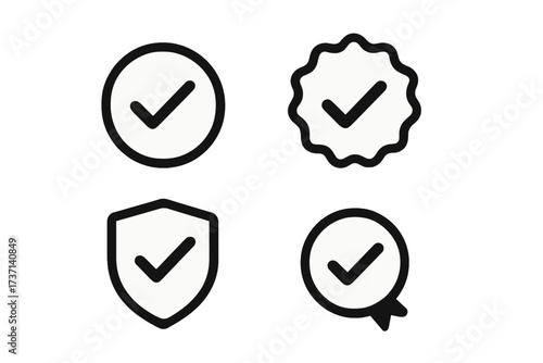 Verification badge icon set. Check mark symbol collection. Approved, certified, quality, and secure signs. Profile account validation tick. Vector graphic element for design.