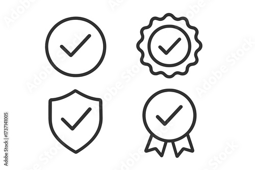 Check mark icon set. Quality seal, approved certificate, secure shield, and award ribbon badges. Vector line art illustration for verification, guarantee, and confirmation.