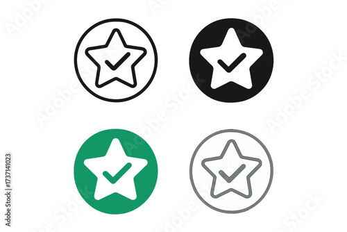 Verification badge icon set. Star with a check mark symbol. Approved, certified, or quality guaranteed sign. Vector illustration for web, profile, or favorite choice.