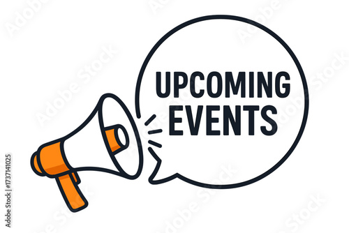 Upcoming Events announcement with a megaphone. Loudspeaker icon for business promotion, marketing, and advertising. Important message banner. Vector alert and notification symbol.