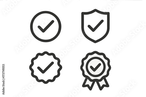 Verification badge icon set. Vector illustration of check marks. Quality guarantee and security symbol collection. Approved certified signs for UI UX. Secure protect shield, award medal.