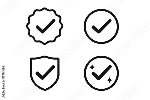 Verified badge icon set. Check mark symbol collection. Quality check, approved, and certified seal. Security shield and guarantee sign. Correct and accepted validation.