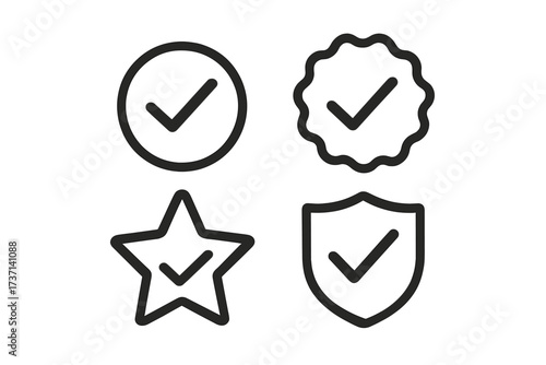 Verification badge icon set. Approved check mark symbol collection. Quality certificate seal and security shield. Star rating and guarantee checkmark. Profile verified sign.