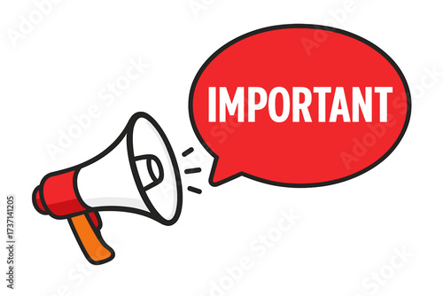 Megaphone important notice vector. Loudspeaker with speech bubble for business marketing. Urgent announcement, communication alert, attention news, and promotion banner.