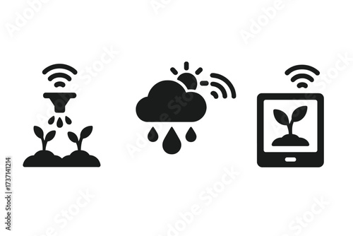 Smart farming technology icon set. Agriculture automation, remote control irrigation system, weather forecast monitoring, and crop growth analysis. Vector glyph symbols.