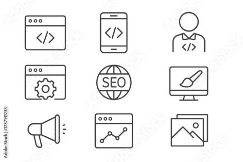 Web development icons in line style. Programming, code, mobile app, developer, management, seo, digital marketing, web design, analytics collection. UI UX vector symbols set.