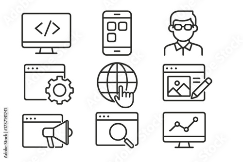 Set of web development line icons. Vector graphic collection for programming, coding, developer, mobile app, SEO, digital marketing, web design, analytics, management concept.