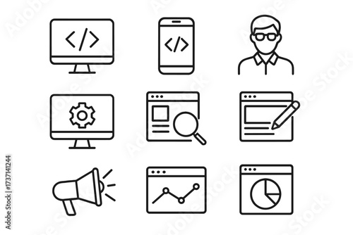 Web development and digital marketing icon collection. Thin line style icons for programming, mobile app developer, SEO, coding, website management, analytics, and UI UX design.