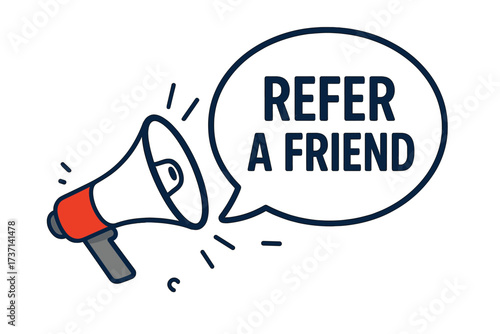 Refer a friend marketing program concept. Megaphone loudspeaker with speech bubble announcement. Customer referral promotion for business growth. Social sharing loyalty vector icon.