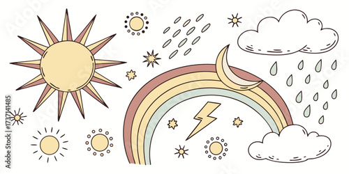 Boho style weather icons with sun, moon, rainbow, and clouds