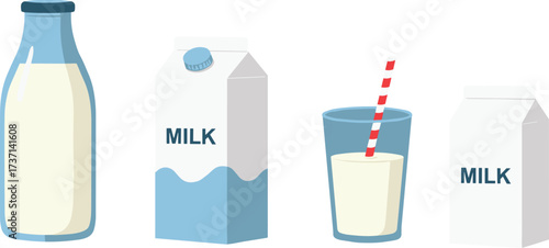 Vector illustration of milk glass bottle, carton packaging, and glass with straw, healthy dairy drink nutrition concept, organic beverage design