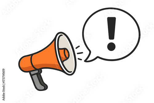 Megaphone attention please. Loudspeaker announcement. Important message alert. Exclamation mark icon. Urgent news communication. Business marketing advertising promotion vector.