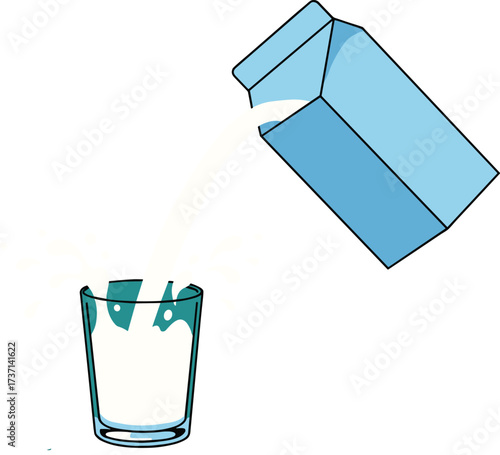 Vector illustration of milk carton pouring into glass, fresh dairy drink splash, organic beverage nutrition concept, healthy breakfast food design