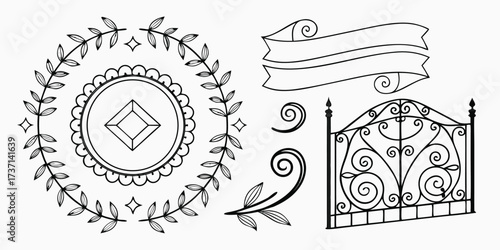 Collection of decorative elements including a wreath, gate, and banners