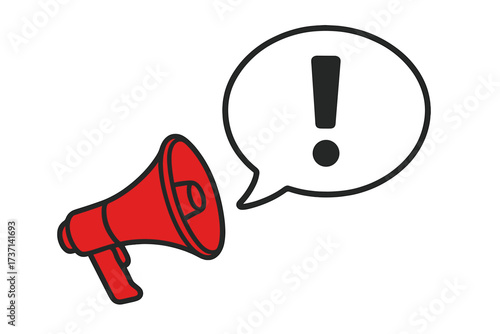 Red megaphone with an important attention message. Loudspeaker with exclamation mark. Concept for business marketing, advertising, promotion, urgent announcement, alert, and news.