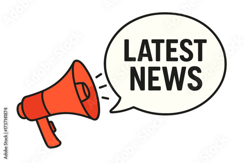 Red megaphone with latest news in a speech bubble. Loudspeaker icon for business, marketing, advertising, and promotion. Announcement and communication vector illustration.