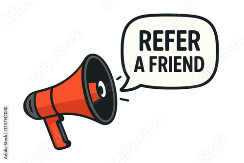 Refer a friend program announcement with megaphone. Loudspeaker icon for marketing and advertising. Business promotion and referral concept. Social media share vector banner design.