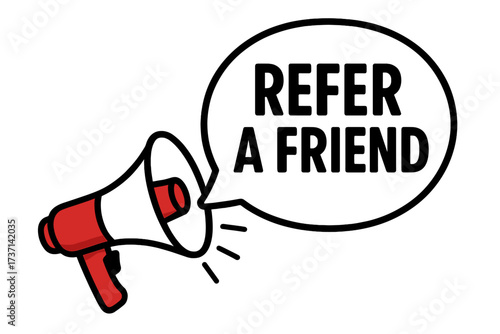 Refer a friend concept with megaphone. Loudspeaker icon for marketing and advertising announcement. Referral program for business promotion and customer acquisition strategy. Vector.