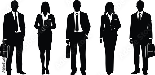 Business professional silhouette set, formal attire icons, corporate team illustration, briefcase and folder poses, workplace concept, vector design, black and white