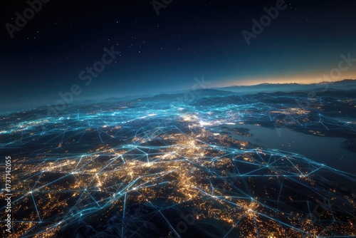 A nighttime aerial view of a city interconnected by glowing lines, under a starry sky