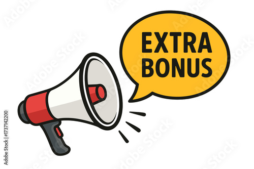 Extra bonus announcement with megaphone. Loudspeaker with speech bubble for promotion, sale, and advertising. Special offer marketing concept vector. Attention message icon.
