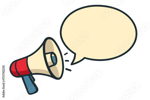 Megaphone with speech bubble for announcement. Loudspeaker for promotion, marketing and advertising. We are hiring, join our team, volunteers needed concept. Vector icon.