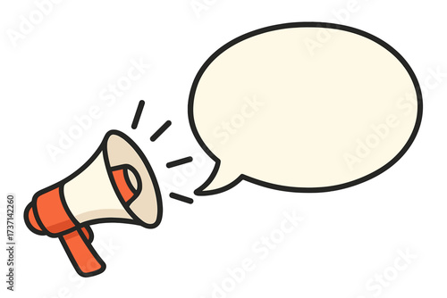 Megaphone with speech bubble for announcement. Loudspeaker for marketing, advertising. Volunteers needed, hiring, recruitment concept. Vector icon for promotion, alert, news.
