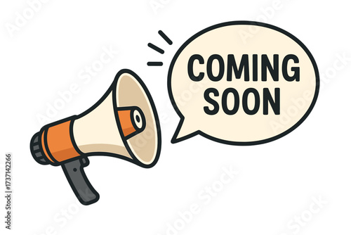 Coming soon announcement with megaphone or loudspeaker. Marketing and advertising concept for a new product launch, grand opening, or upcoming event. Vector illustration banner.
