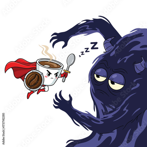 Vector illustration of a brave cup of coffee with a red cape and shield fights a sleepy, dark monster with a spoon and sword