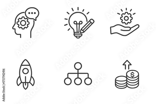 Business progress and startup icon set. Line icons for brainstorming, creative idea, management, strategy, financial growth, and skill. Thin line vector pictogram collection.