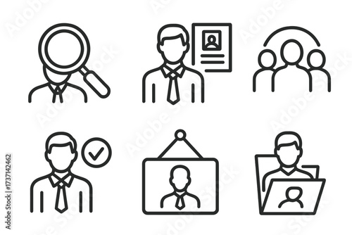 Job hiring and recruitment vector icon collection. Line style icons for headhunting, career, resume, work group, qualified candidate, and human resources management process.