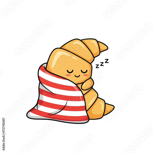 Vector illustration of cute croissant character sleeping wrapped in a striped blanket