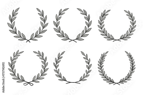 Black laurel wreath set. Vintage hand drawn vector frames collection. Decorative leaves and branches. Ornate award icon for winner, champion, success, quality, achievement, logo.